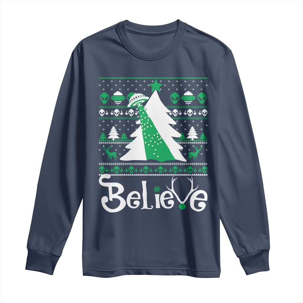 Funny Xmas UFO Believe Long Sleeve Shirt TS09 Navy Print Your Wear