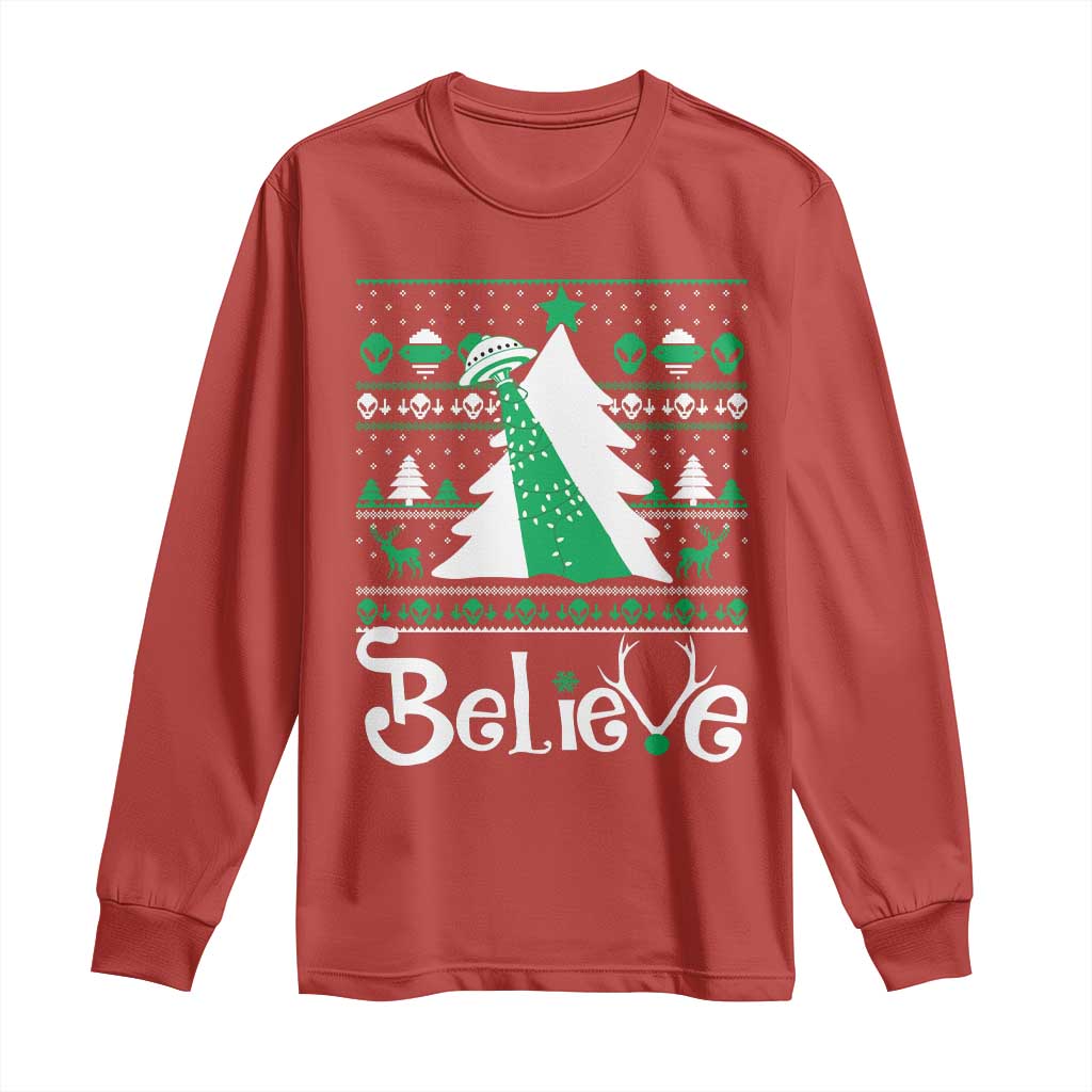 Funny Xmas UFO Believe Long Sleeve Shirt TS09 Red Print Your Wear