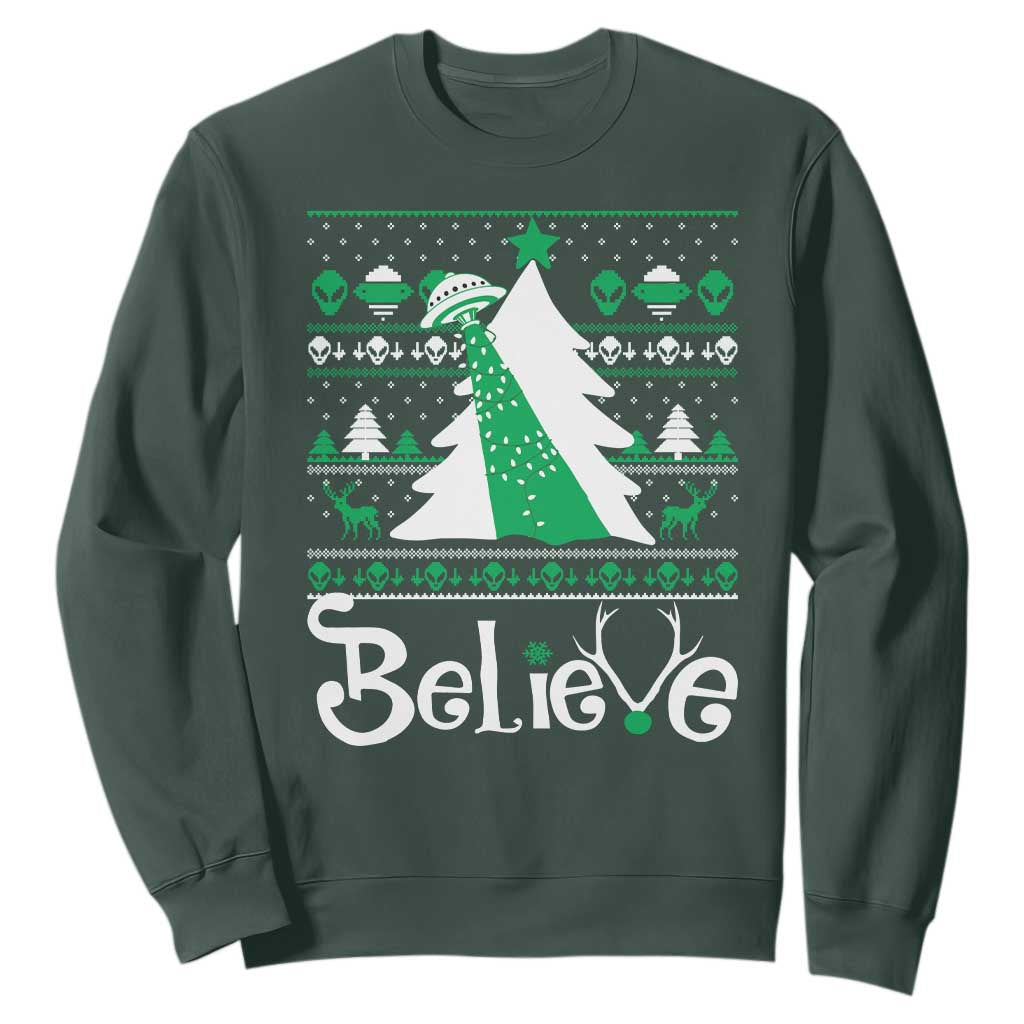 Funny Xmas UFO Believe Sweatshirt TS09 Dark Forest Green Print Your Wear