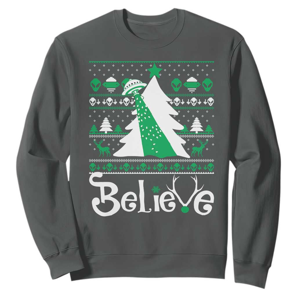 Funny Xmas UFO Believe Sweatshirt TS09 Dark Heather Print Your Wear