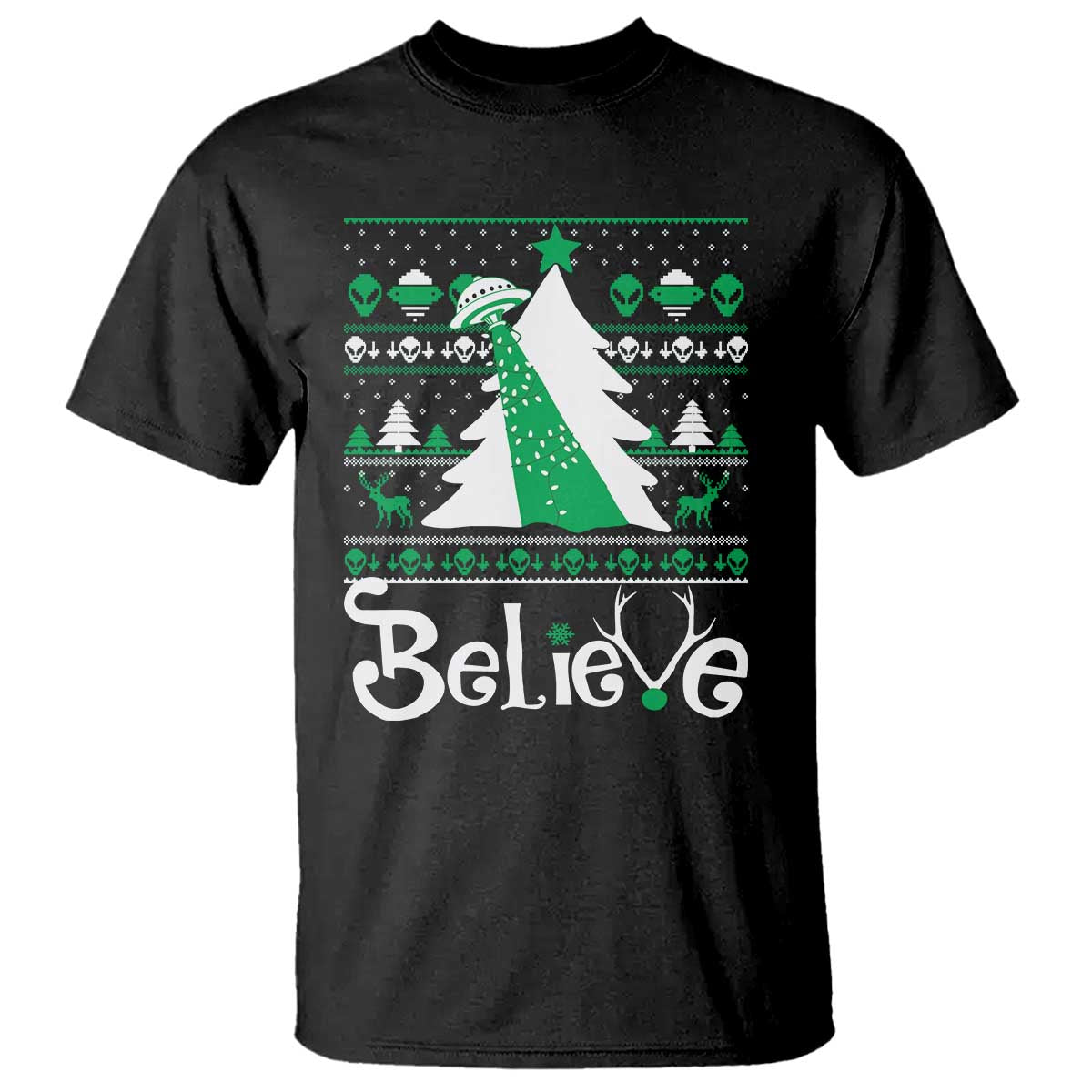 Funny Xmas UFO Believe T Shirt TS09 Black Print Your Wear