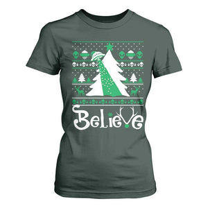 Funny Xmas UFO Believe T Shirt For Women TS09 Dark Forest Green Print Your Wear