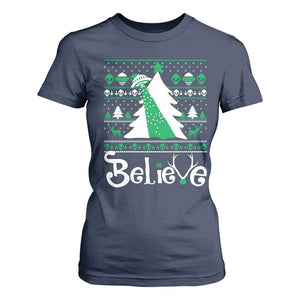 Funny Xmas UFO Believe T Shirt For Women TS09 Navy Print Your Wear