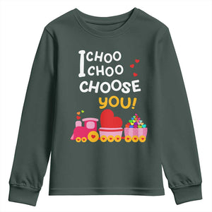 Valentine's Day Youth Sweatshirt I Choo Choo Choose You Love Train Heart TS09 Dark Forest Green Print Your Wear