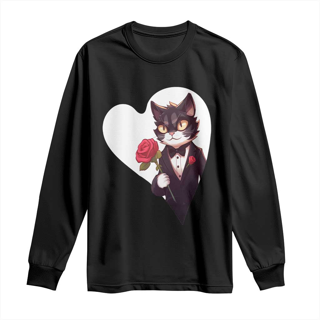 Valentine's Day Long Sleeve Shirt Tuxedo Cat Valentine Heart for Kitten and Animal Lovers TS09 Black Print Your Wear