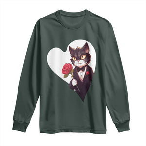 Valentine's Day Long Sleeve Shirt Tuxedo Cat Valentine Heart for Kitten and Animal Lovers TS09 Dark Forest Green Print Your Wear