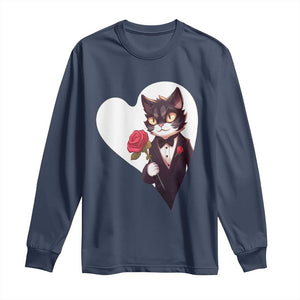 Valentine's Day Long Sleeve Shirt Tuxedo Cat Valentine Heart for Kitten and Animal Lovers TS09 Navy Print Your Wear