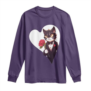 Valentine's Day Long Sleeve Shirt Tuxedo Cat Valentine Heart for Kitten and Animal Lovers TS09 Purple Print Your Wear