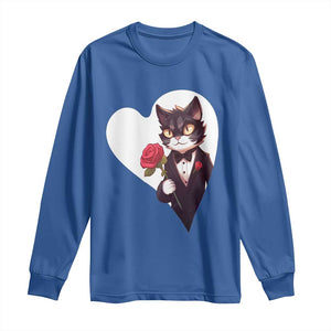 Valentine's Day Long Sleeve Shirt Tuxedo Cat Valentine Heart for Kitten and Animal Lovers TS09 Royal Blue Print Your Wear