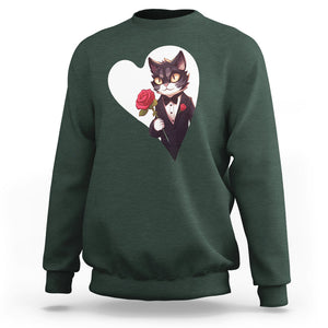 Valentine's Day Sweatshirt Tuxedo Cat Valentine Heart for Kitten and Animal Lovers TS09 Dark Forest Green Printyourwear