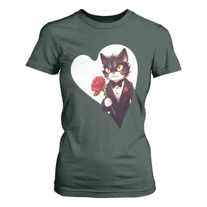 Valentine's Day T Shirt For Women Tuxedo Cat Valentine Heart for Kitten and Animal Lovers TS09 Dark Forest Green Print Your Wear