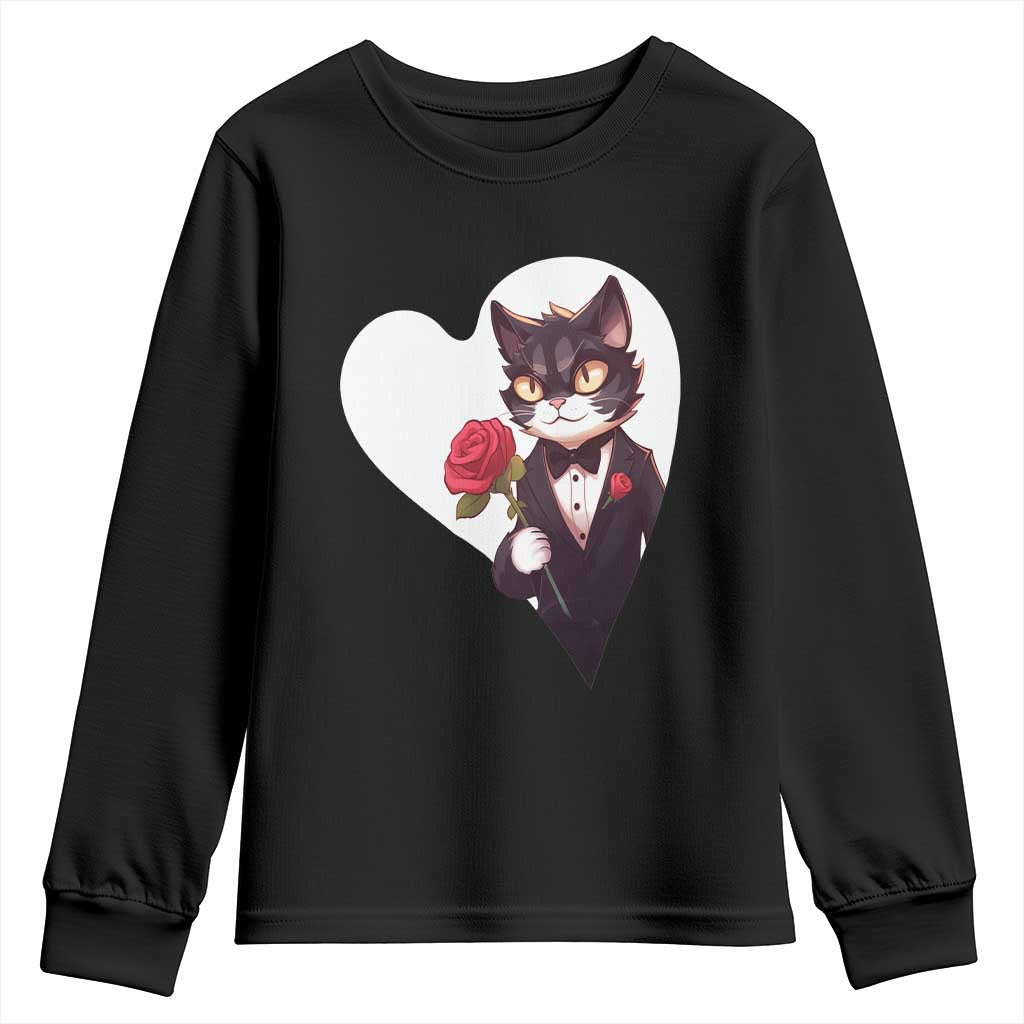 Valentine's Day Youth Sweatshirt Tuxedo Cat Valentine Heart for Kitten and Animal Lovers TS09 Black Print Your Wear