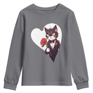 Valentine's Day Youth Sweatshirt Tuxedo Cat Valentine Heart for Kitten and Animal Lovers TS09 Charcoal Print Your Wear