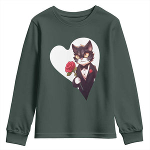 Valentine's Day Youth Sweatshirt Tuxedo Cat Valentine Heart for Kitten and Animal Lovers TS09 Dark Forest Green Print Your Wear