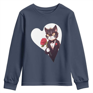 Valentine's Day Youth Sweatshirt Tuxedo Cat Valentine Heart for Kitten and Animal Lovers TS09 Navy Print Your Wear