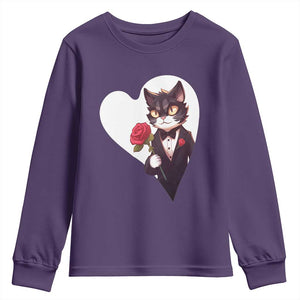 Valentine's Day Youth Sweatshirt Tuxedo Cat Valentine Heart for Kitten and Animal Lovers TS09 Purple Print Your Wear