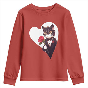 Valentine's Day Youth Sweatshirt Tuxedo Cat Valentine Heart for Kitten and Animal Lovers TS09 Red Print Your Wear