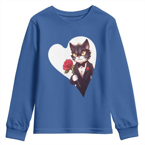 Valentine's Day Youth Sweatshirt Tuxedo Cat Valentine Heart for Kitten and Animal Lovers TS09 Royal Blue Print Your Wear