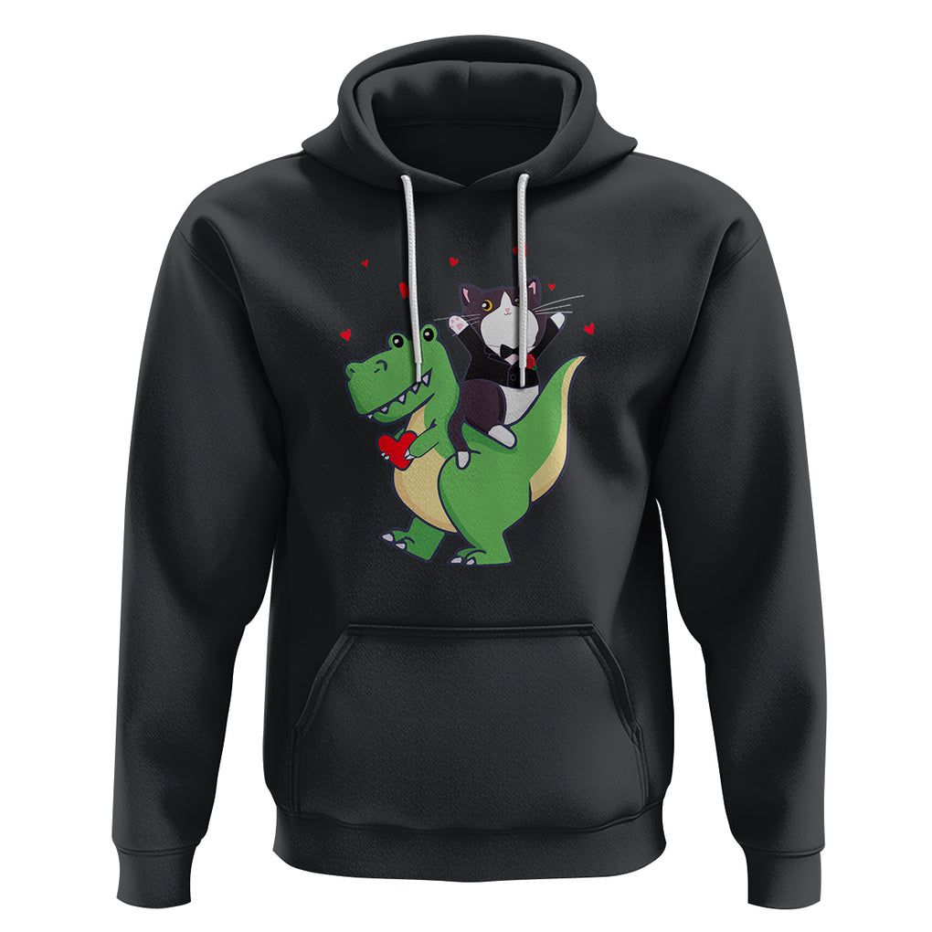 Valentine's Day Hoodie Cat Riding Dinosaur Cool Tuxedo On Suit And Take Rose TS09 Black Printyourwear