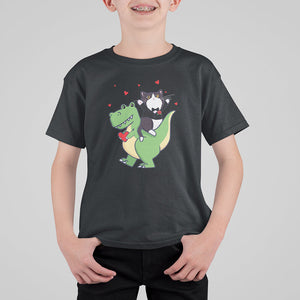 Valentine's Day T Shirt For Kid Cat Riding Dinosaur Cool Tuxedo On Suit And Take Rose TS09 Black Printyourwear