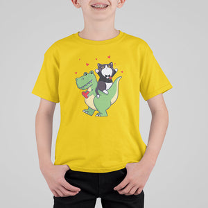 Valentine's Day T Shirt For Kid Cat Riding Dinosaur Cool Tuxedo On Suit And Take Rose TS09 Daisy Printyourwear