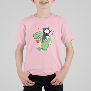 Valentine's Day T Shirt For Kid Cat Riding Dinosaur Cool Tuxedo On Suit And Take Rose TS09 Light Pink Printyourwear