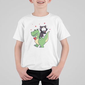 Valentine's Day T Shirt For Kid Cat Riding Dinosaur Cool Tuxedo On Suit And Take Rose TS09 White Printyourwear