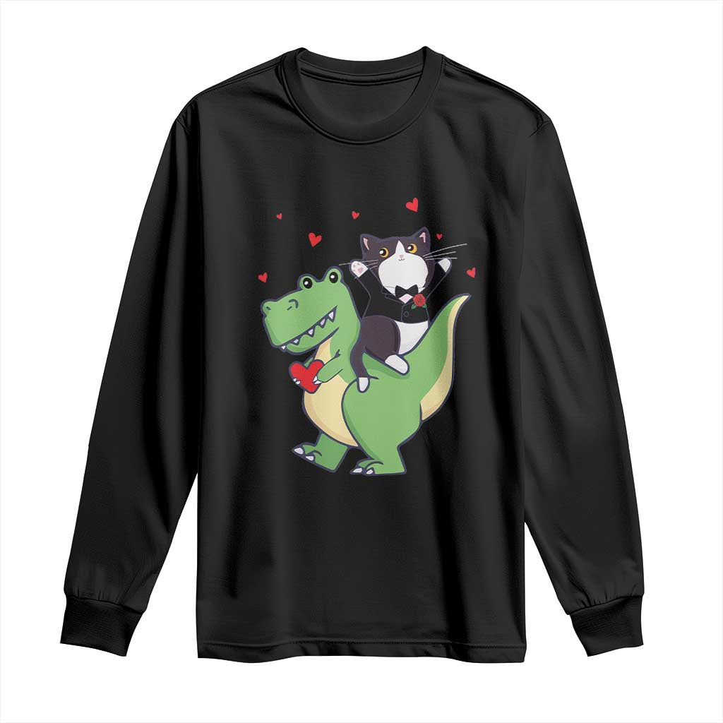 Valentine's Day Long Sleeve Shirt Cat Riding Dinosaur Cool Tuxedo On Suit And Take Rose TS09 Black Print Your Wear