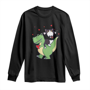 Valentine's Day Long Sleeve Shirt Cat Riding Dinosaur Cool Tuxedo On Suit And Take Rose TS09 Black Print Your Wear