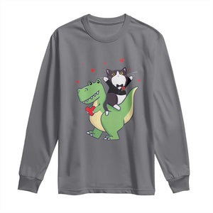 Valentine's Day Long Sleeve Shirt Cat Riding Dinosaur Cool Tuxedo On Suit And Take Rose TS09 Charcoal Print Your Wear