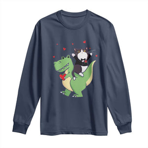 Valentine's Day Long Sleeve Shirt Cat Riding Dinosaur Cool Tuxedo On Suit And Take Rose TS09 Navy Print Your Wear