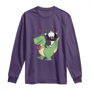 Valentine's Day Long Sleeve Shirt Cat Riding Dinosaur Cool Tuxedo On Suit And Take Rose TS09 Purple Print Your Wear