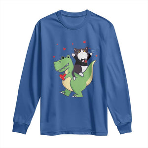 Valentine's Day Long Sleeve Shirt Cat Riding Dinosaur Cool Tuxedo On Suit And Take Rose TS09 Royal Blue Print Your Wear