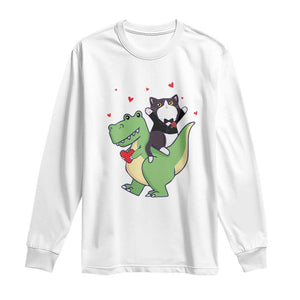 Valentine's Day Long Sleeve Shirt Cat Riding Dinosaur Cool Tuxedo On Suit And Take Rose TS09 White Print Your Wear