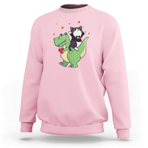 Valentine's Day Sweatshirt Cat Riding Dinosaur Cool Tuxedo On Suit And Take Rose TS09 Light Pink Printyourwear