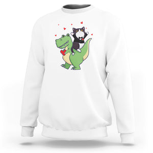 Valentine's Day Sweatshirt Cat Riding Dinosaur Cool Tuxedo On Suit And Take Rose TS09 White Printyourwear