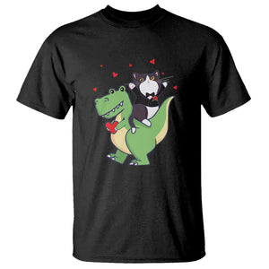 Valentine's Day T Shirt Cat Riding Dinosaur Cool Tuxedo On Suit And Take Rose TS09 Black Printyourwear