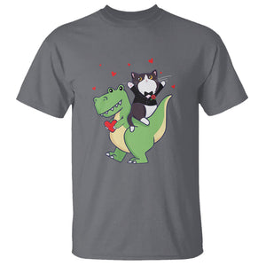 Valentine's Day T Shirt Cat Riding Dinosaur Cool Tuxedo On Suit And Take Rose TS09 Charcoal Printyourwear