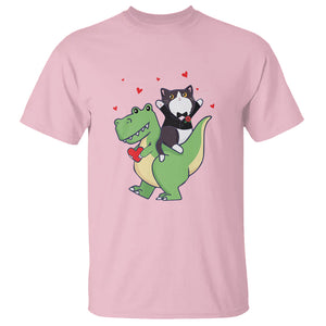 Valentine's Day T Shirt Cat Riding Dinosaur Cool Tuxedo On Suit And Take Rose TS09 Light Pink Printyourwear