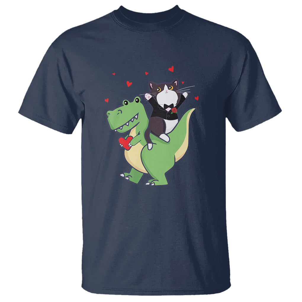 Valentine's Day T Shirt Cat Riding Dinosaur Cool Tuxedo On Suit And Take Rose TS09 Navy Printyourwear