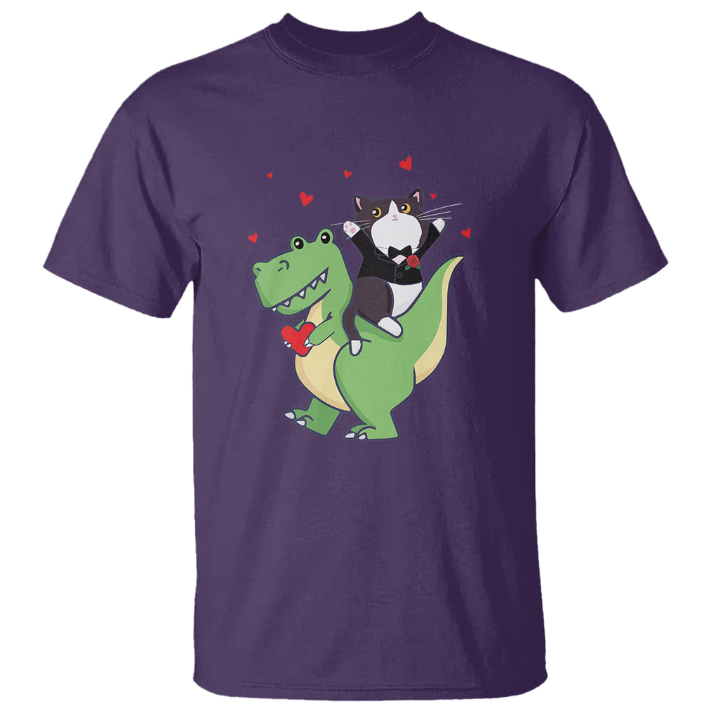 Valentine's Day T Shirt Cat Riding Dinosaur Cool Tuxedo On Suit And Take Rose TS09 Purple Printyourwear