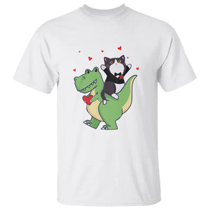 Valentine's Day T Shirt Cat Riding Dinosaur Cool Tuxedo On Suit And Take Rose TS09 White Printyourwear