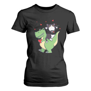 Valentine's Day T Shirt For Women Cat Riding Dinosaur Cool Tuxedo On Suit And Take Rose TS09 Black Print Your Wear