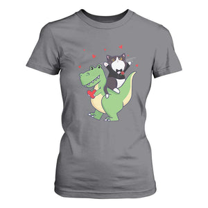 Valentine's Day T Shirt For Women Cat Riding Dinosaur Cool Tuxedo On Suit And Take Rose TS09 Charcoal Print Your Wear