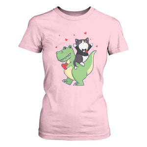 Valentine's Day T Shirt For Women Cat Riding Dinosaur Cool Tuxedo On Suit And Take Rose TS09 Light Pink Print Your Wear