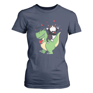 Valentine's Day T Shirt For Women Cat Riding Dinosaur Cool Tuxedo On Suit And Take Rose TS09 Navy Print Your Wear