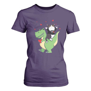 Valentine's Day T Shirt For Women Cat Riding Dinosaur Cool Tuxedo On Suit And Take Rose TS09 Purple Print Your Wear