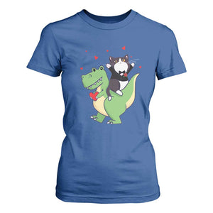 Valentine's Day T Shirt For Women Cat Riding Dinosaur Cool Tuxedo On Suit And Take Rose TS09 Royal Blue Print Your Wear