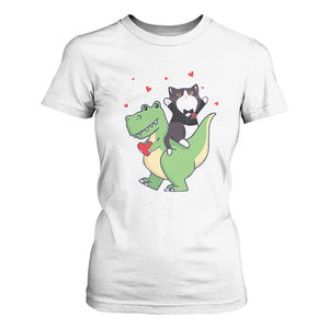 Valentine's Day T Shirt For Women Cat Riding Dinosaur Cool Tuxedo On Suit And Take Rose TS09 White Print Your Wear