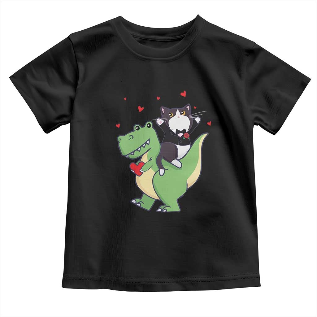 Valentine's Day Toddler T Shirt Cat Riding Dinosaur Cool Tuxedo On Suit And Take Rose TS09 Black Print Your Wear